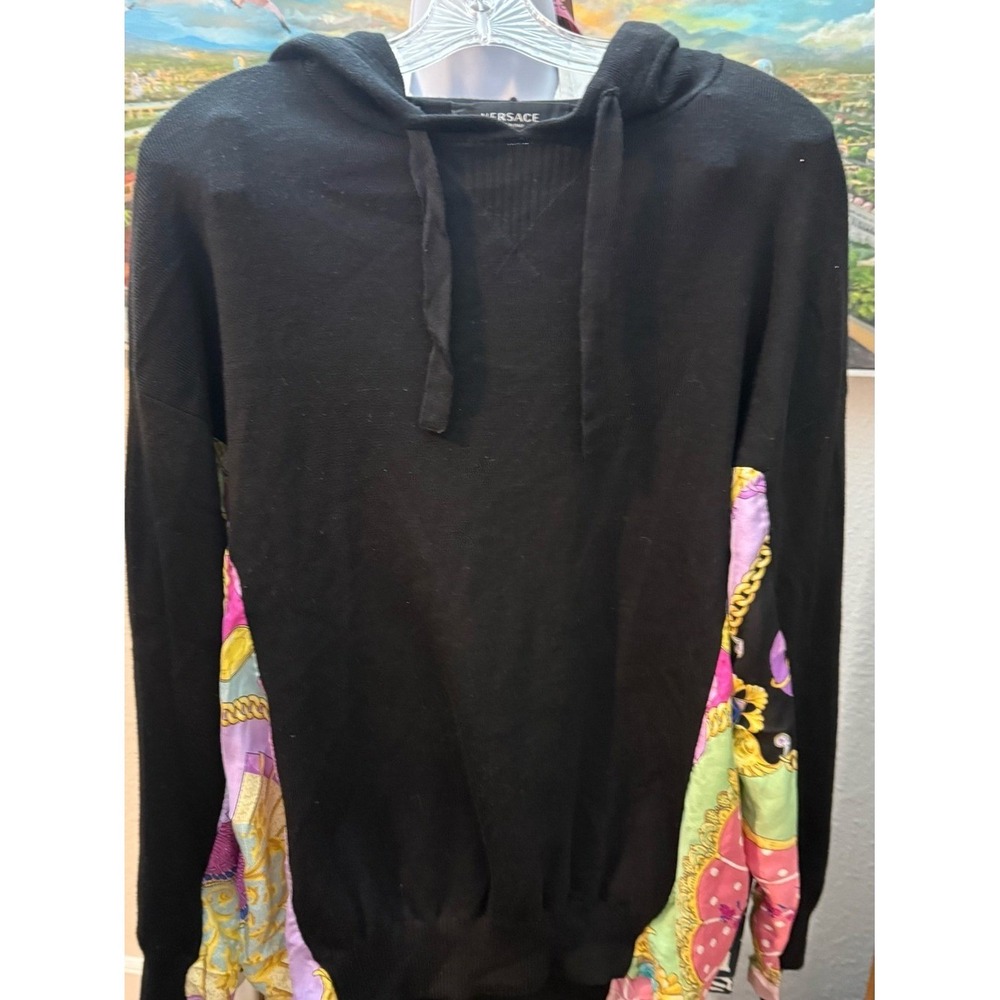 Versace Silk Scarf Paneled Hoodie Womens 38 Black Baroque Knit Pullover - Picture 2 of 14